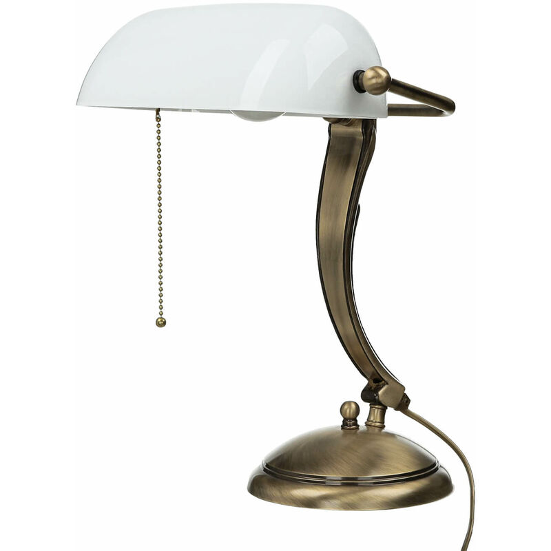 Image of Lampada da banchiere da tavolo in ottone e bronzo con paralumein vetro bianco - Bronzo chiaro lucido, Bianco