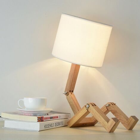 Lampada da comodino a forma di robot, lampade da tavolo creative con base in legno regolabile, lampada da scrivania moderna per soggiorno E27 con paralume in tessuto, lampade decorative fai da te per 
