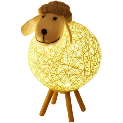 Lampada da comodino a LED a forma di pecora, alimentata tramite USB, realizzata in rattan e legno, ideale per la cameretta dei bambini.