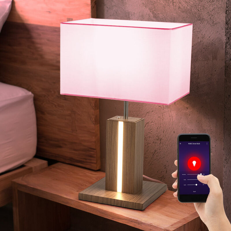 Image of Lampada da comodino lampada da tavolo effetto legno lampada da tavolo in stile country dimmer touch, cct, tessuto, controllo tramite app, 1x Smart