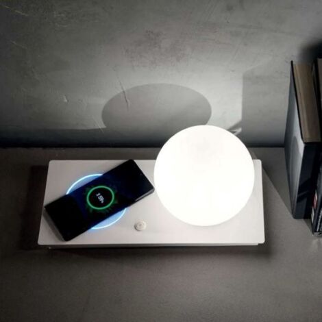 LAMPADA DA COMODINO BIANCA CON RICARICA WIRELESS CELLULARE MADAME ONDALUCE