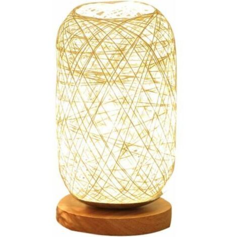 Lampada da comodino con base in legno e corda in rattan (beige)