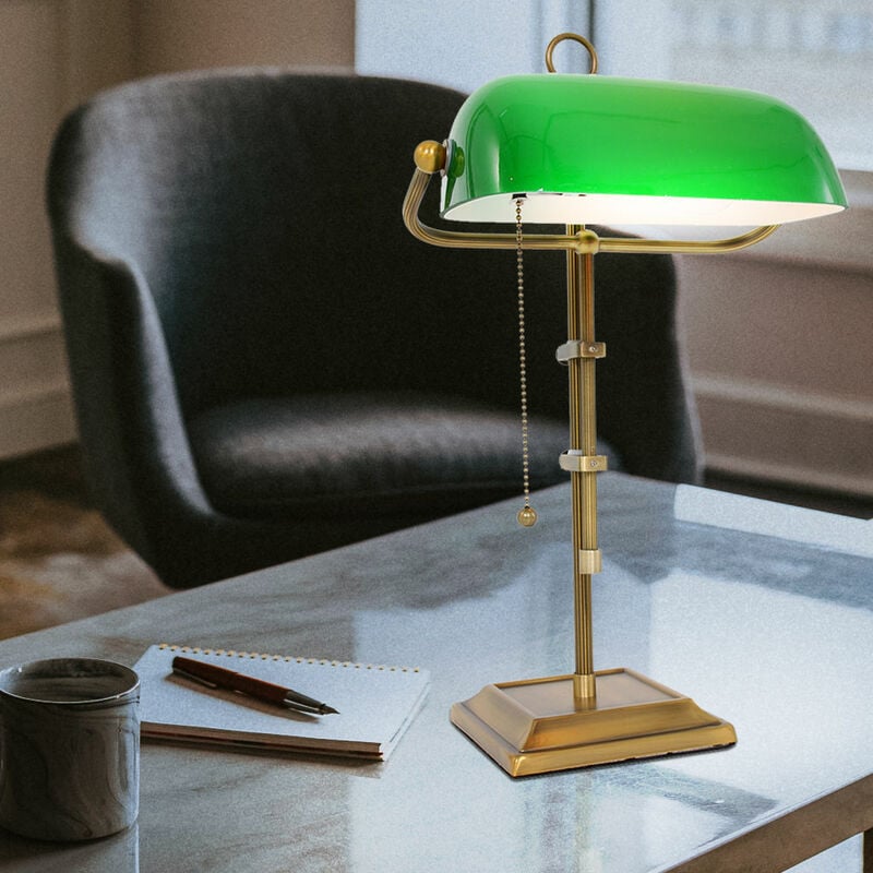Image of Lampada da banchiere lampada da tavolo in ottone antico paralume verde lampada da scrivania lampada da banchiere, 1x E27 led bianco caldo, 26,5x25x56