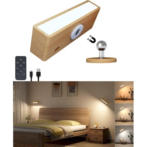 Lampada da comodino con telecomando, applique da parete senza fili in legno, lampada da interni ricaricabile tramite USB, lampada da comodino a LED sensibile al tocco per camera da letto, faggio