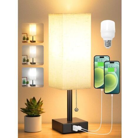 Lampada da comodino dimmerabile a 3 colori (3000/4000/5000K) con porte di ricarica USB-A+C, lampadina a LED, interruttore a catenella per camera da letto, soggiorno, ufficio [Classe energetica F]