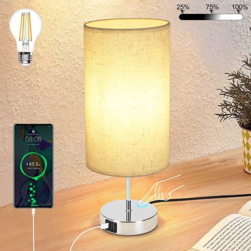 Gbly - Lampada da comodino con funzione di ricarica tattile - Lampada da tavolo E27 bianco caldo regolabile usb abat-jour in tessuto per decorazione