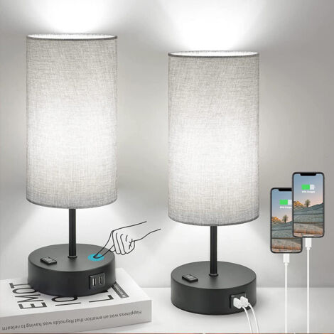 Lampada da comodino grigia per comodino camera da letto - Lampada da tavolo piccola con porta di ricarica USB A+C