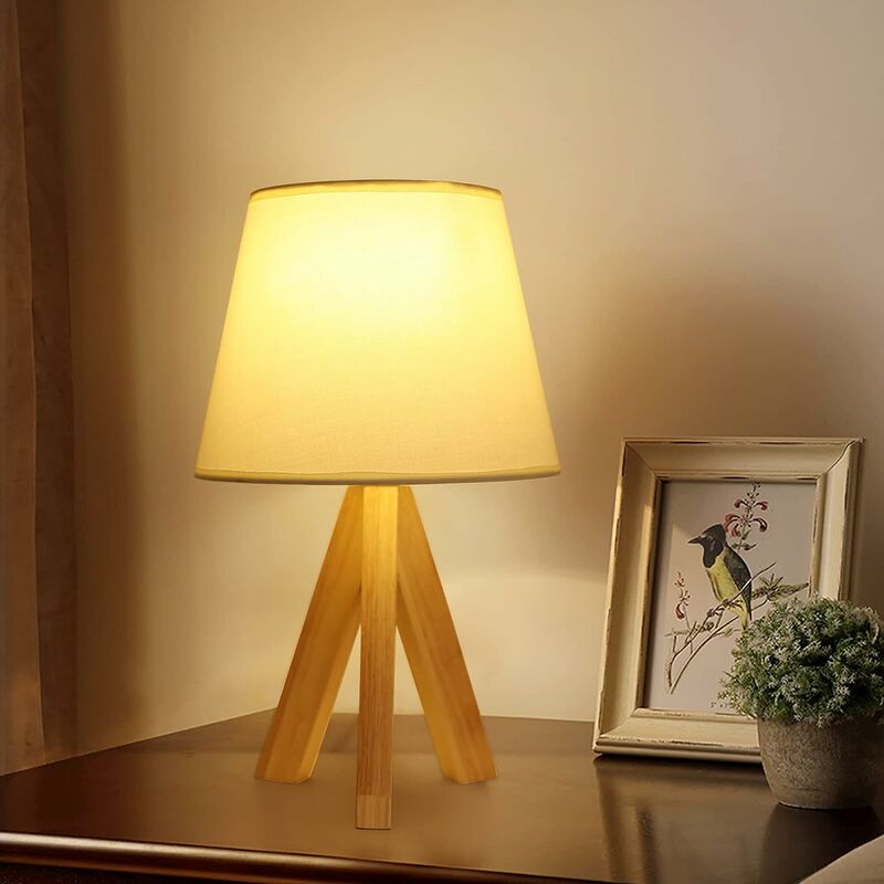 Image of Goeco - Lampada da Comodino In Legno Moderno Lampada da Tavolo Base E27 Per camera da letto, soggiorno, ufficio Bianco (Lampadina non inclusa)