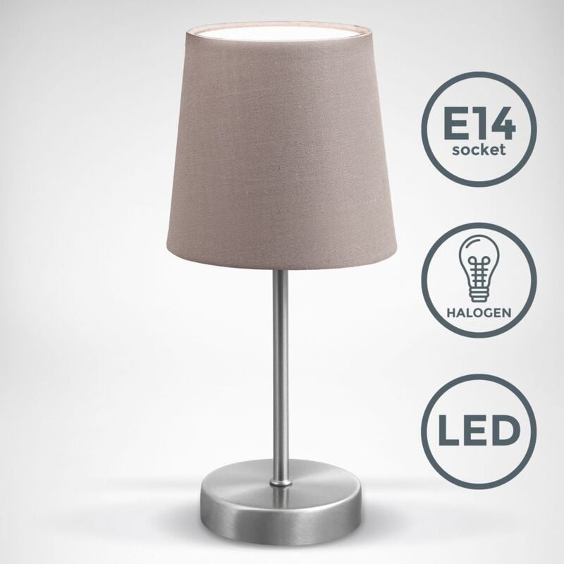 Image of B.K.Licht Lampada da comodino, Lampada da tavolo con paralume in tessuto color grigio-talpa, adatta per lampadina E14 non inclusa max 25W, alta