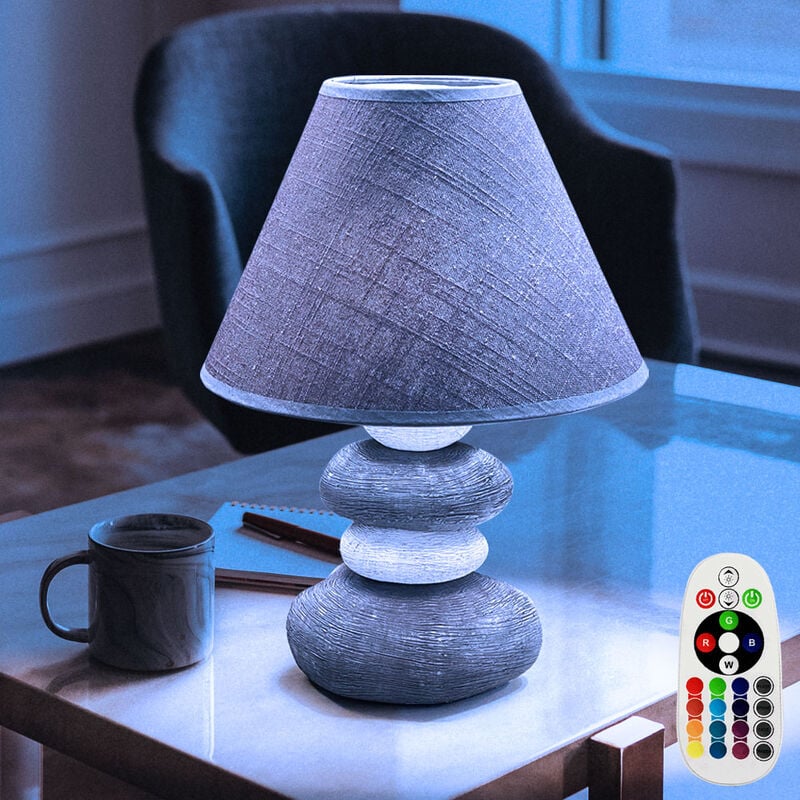 Image of Lampada da comodino lampada da tavolo in ceramica con paralume in tessuto lampada da camera effetto pietra, lino, dimmerabile con telecomando, 1x led