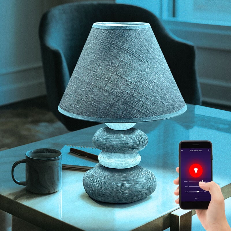 Image of Etc-shop - Lampada da comodino lampada da tavolo in ceramica lampada da camera in tessuto aspetto pietra, tessuto, grigio, controllo app dimmerabile