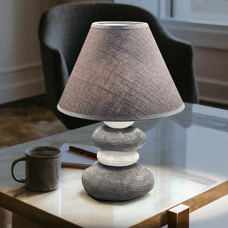 Image of Lampada da comodino lampada da tavolo in ceramica paralume in tessuto grigio lampada da camera effetto pietra, lino, 1 attacco E14, DxH: 25x33,5cm
