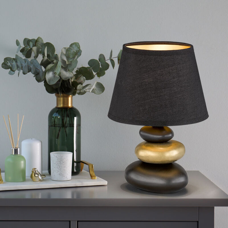 Image of Lampada da comodino lampada da tavolo lampada da lettura lampada da soggiorno lampada da tavolo, ceramica nera tessuto oro aspetto pietra, 1x E14, d
