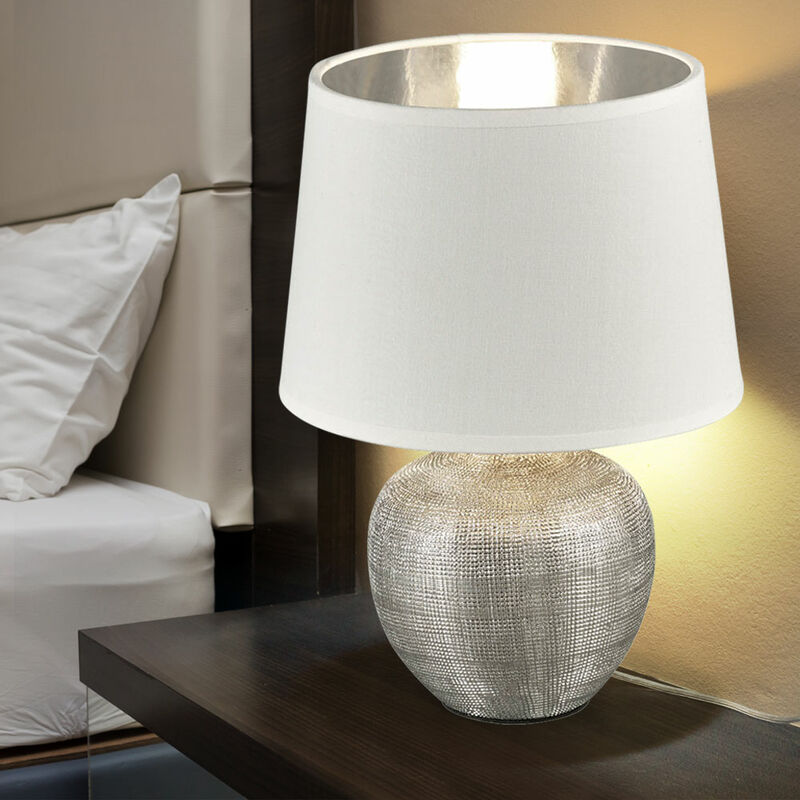 Image of Lampada da comodino, lampada laterale, lampada da tavolo, lampada da scrivania, ceramica, argento, con paralume in tessuto, tessuto, 1x E14, PxH