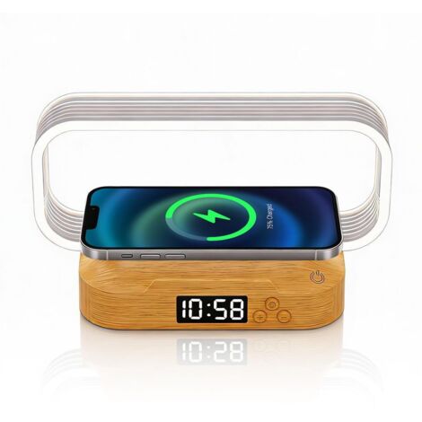 Lampada da comodino per camera da letto, luce notturna dimmerabile, luce touch, con orologio e caricabatterie wireless, regolazione continua dell'intensità luminosa.