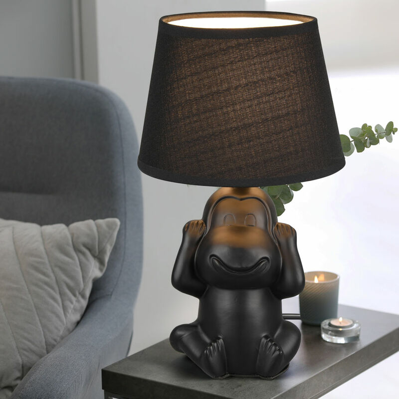 Image of Lampada da comodino scimmia lampada da tavolo in ceramica nera lampada laterale scimmia paralume in tessuto, interruttore a filo, 1x attacco E14, DxH