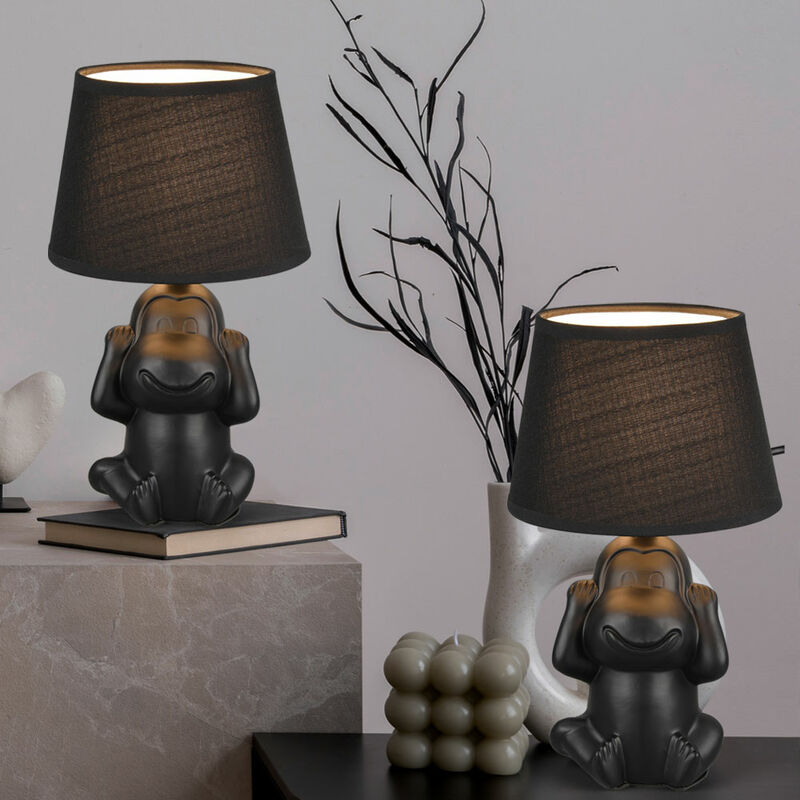 Image of Lampada da comodino scimmia lampada da tavolo in ceramica nero lampada laterale scimmia paralume in tessuto, interruttore a cavo, 1x attacco E14, DxH
