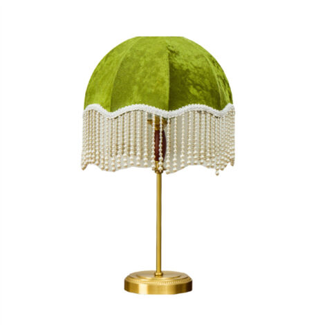 Lampada da comodino vintage francese con nappe di perle, materiale in velluto, verde smeraldo, illuminazione tricolore