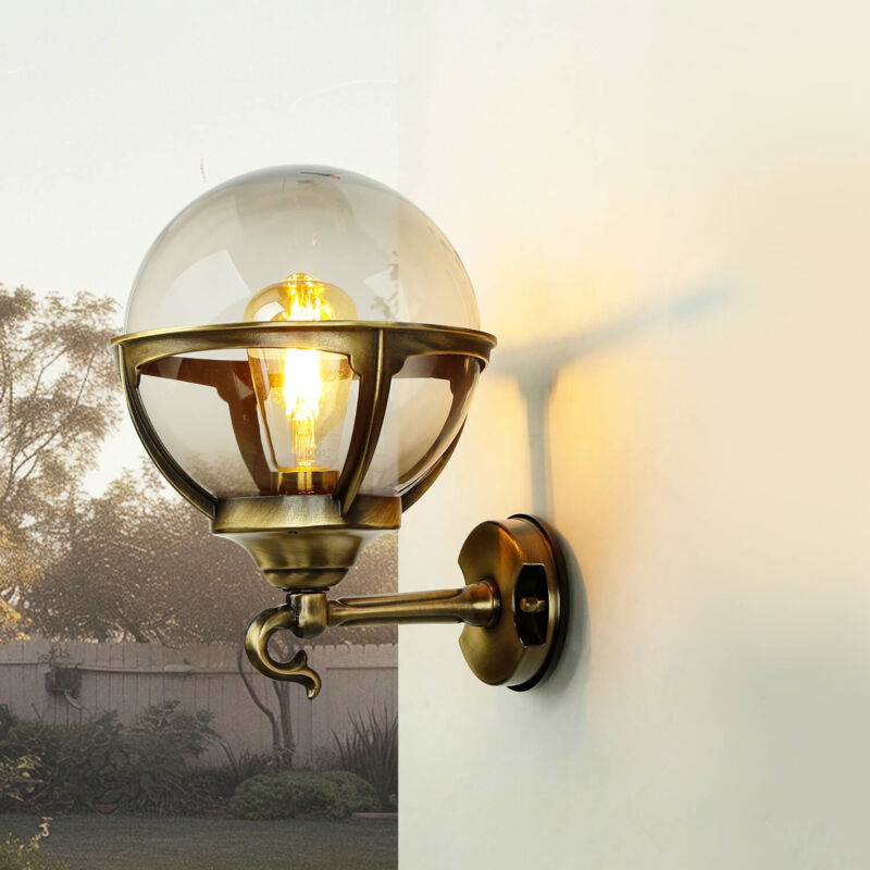 Image of Licht-erlebnisse - Lampada da esterno a sfera IP43 E27 ottone lampada da parete giardino casa cortile - Ottone antico, trasparente/trasparente