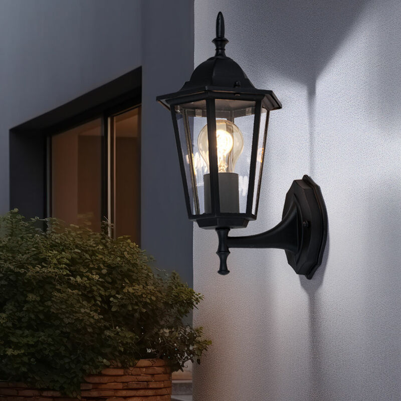 Image of Lampada da esterno applique da parete applique da esterno E27 lampada da giardino in vetro lanterna da esterno nero, alluminio, 1x attacco E27, LxH