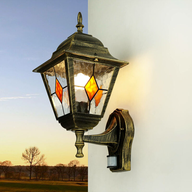 Image of Lampada da esterno dal design retrò a lanterna con rilevatore di movimento color oro antico IP44 - Oro antico