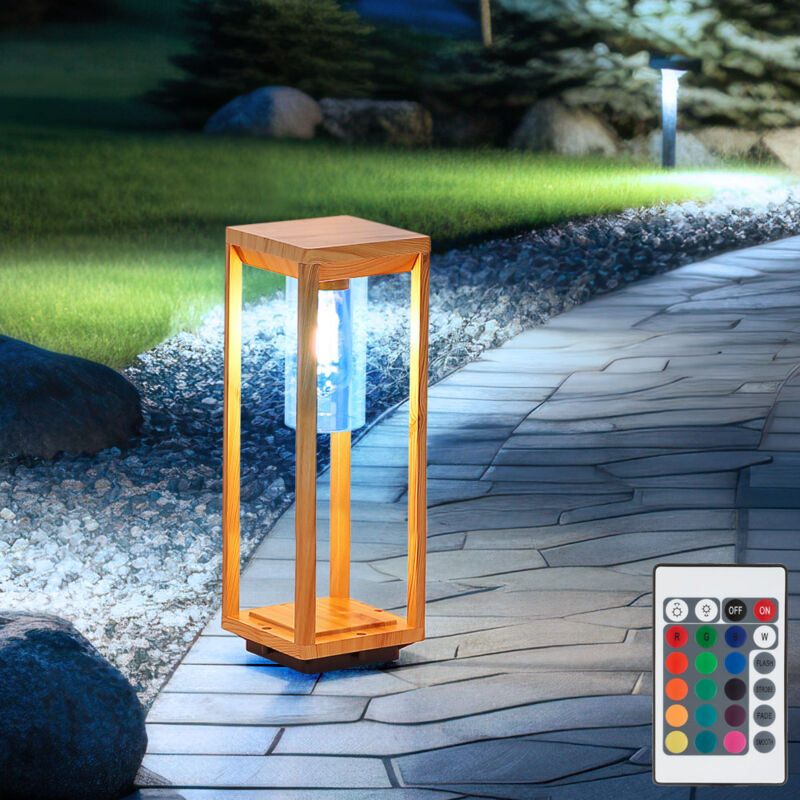 Image of Lampada da esterno dimmerabile con telecomando, base per lampada effetto legno, lampada da terra a led da giardino, lampada da terra, cambio colore