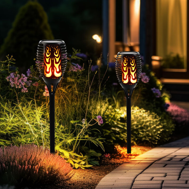 Image of Lampada da esterno effetto fuoco a luce solare, torcia da giardino effetto fiamma, nera, led bianco caldo, PxH 12x85 cm, set da 2