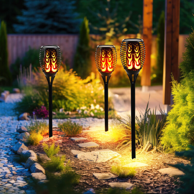 Image of Lampada da esterno effetto fuoco a luce solare, torcia da giardino effetto fiamma, nera, led bianco caldo, PxH 12x85 cm, set da 3
