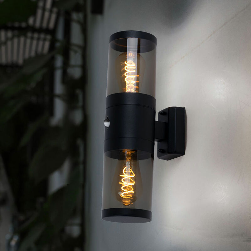 Image of Lampada da esterno, lampada da parete, faretto su e giù, luce per facciate, rilevatore di movimento, acciaio inossidabile, nero, 2x E27, PxH 10,2x42cm