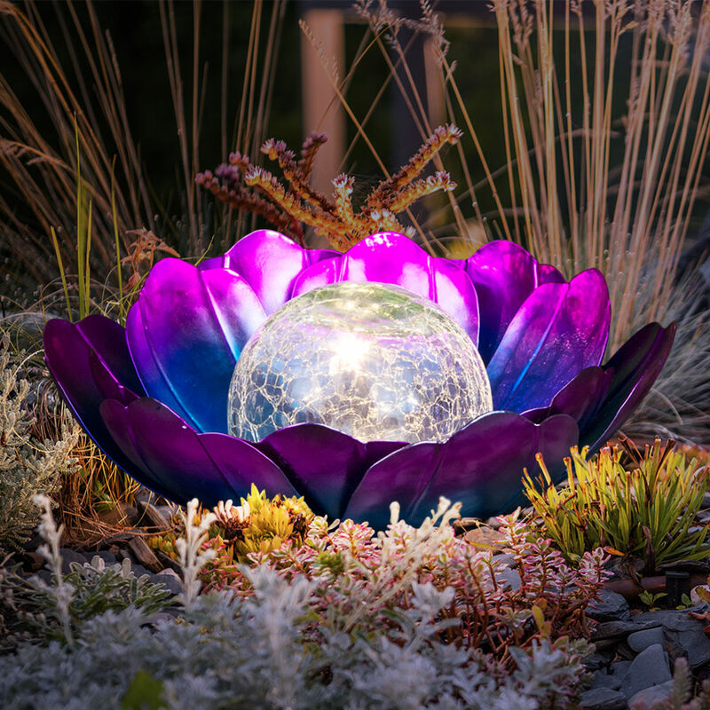 Image of Lampada da esterno retro lampada da giardino a luce solare, LED resistente alle intemperie fiore di loto vetro, viola blu, 1x LED, LxLxA 25x25x10 cm