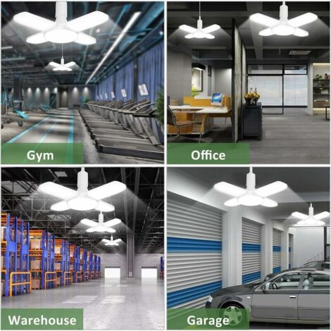 Lampada da garage a LED, 60 W E26/E27 6500 K 6000 Lm Lampada da officina, 4 pannelli regolabili deformabili, plafoniera a LED per garage, magazzino, officina, seminterrato, palestra, cucina