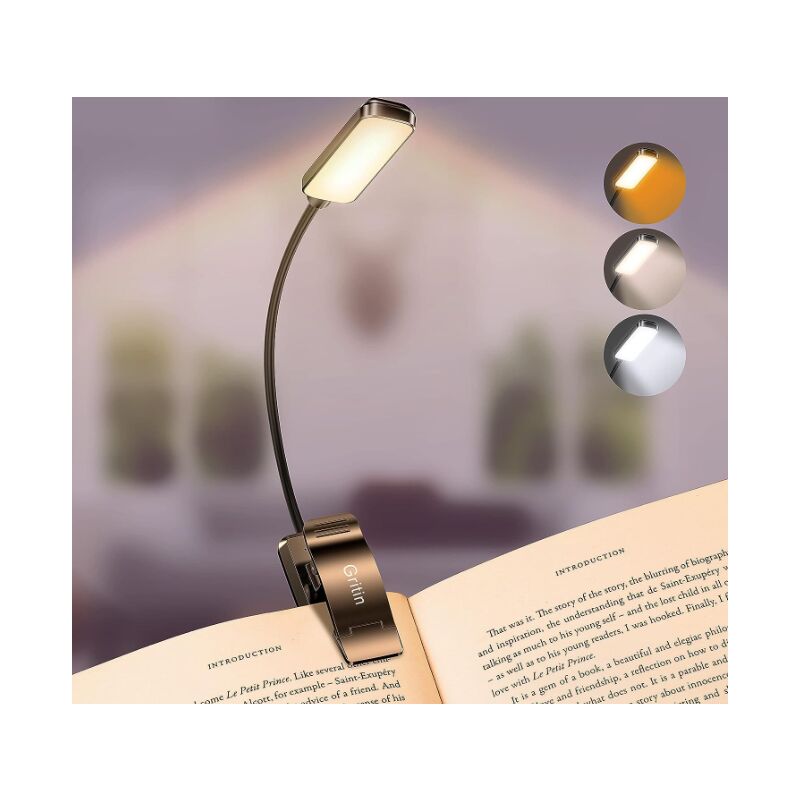 Image of Lampada da lettura a 9 LED, lampada a clip ricaricabile, attenuazione continua, 3 modalità di protezione degli occhi (bianco/ambra/misto), collo