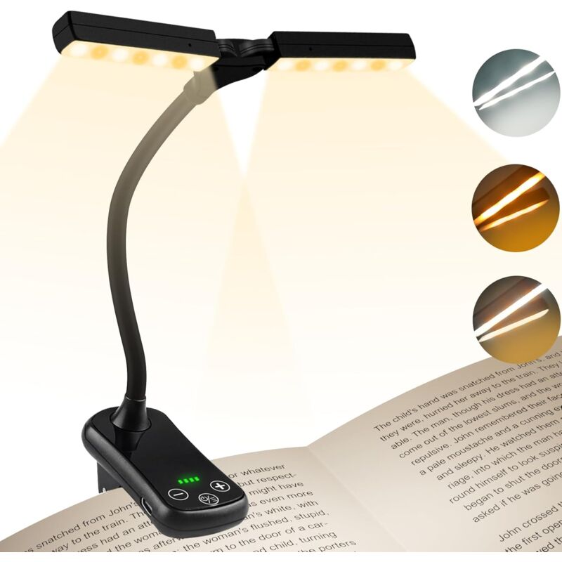 Image of Lampada da lettura a doppia testa, lampada a clip ricaricabile tramite USB, lampada da collo flessibile a 360°, 3 colori e attenuazione continua,