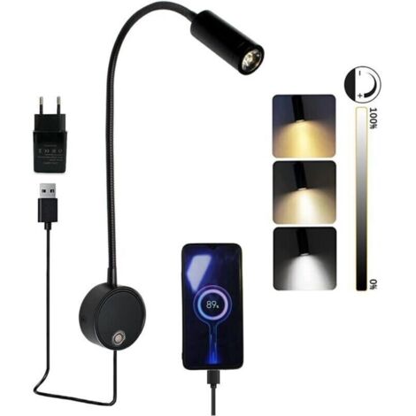 Lampada da lettura a LED da parete con interruttore touch, dimmerabile, a collo d'oca, lampada da lettura da parete con connessione USB, lampada da comodino per interni con spina e cavo per la testa