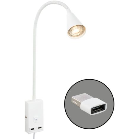 Lampada da lettura LED Lampada da letto Lampada da parete Orientabile 2x porta USB Interruttore a cavo GU10