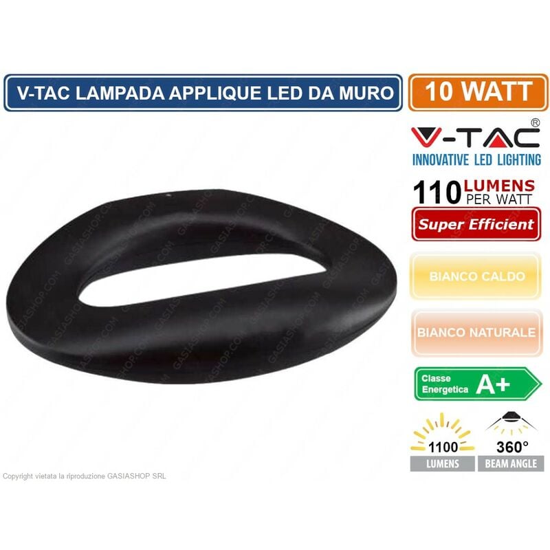 V-tac - VT-811 lampada da muro wall light led 10W forma arrotondata colore nero - sku 8309 / 8310 - Colore Luce: Bianco Caldo