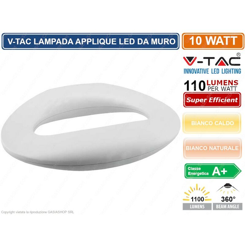 V-tac - VT-811 lampada da muro wall light led 10W forma arrotondata colore bianco - sku 8307 / 8308 - Colore Luce: Bianco Caldo