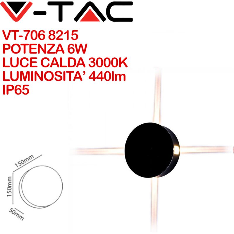 V-tac - VT-706 8215 Lampada led da Muro Rotondo 4W Colore Nero 3000K IP65