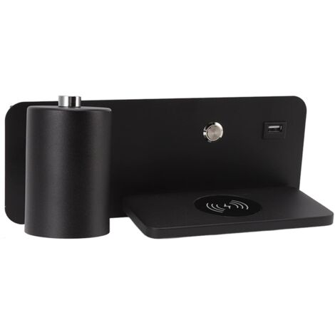 Lampada da parete a LED con interfaccia USB, lampada di ricarica wireless per soggiorno, camera da letto, 85‑265 V, nera sinistra