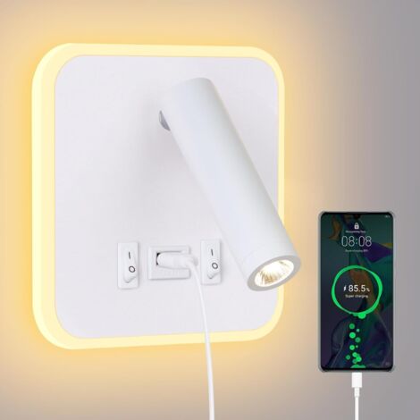 Lampada da parete a LED - Lampada da lettura da parete per letto, lampada da parete a LED con interruttore e ricarica USB, lampada da parete 3W 4000k + 5W 3000k, lampada da lettura girevole per camera