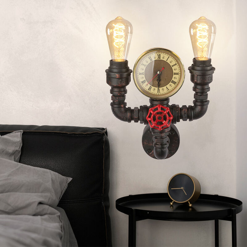 Image of Lampada da parete orologio al quarzo nero tubo dell'acqua soggiorno lampada da corridoio oro in un set che include lampadine a LED
