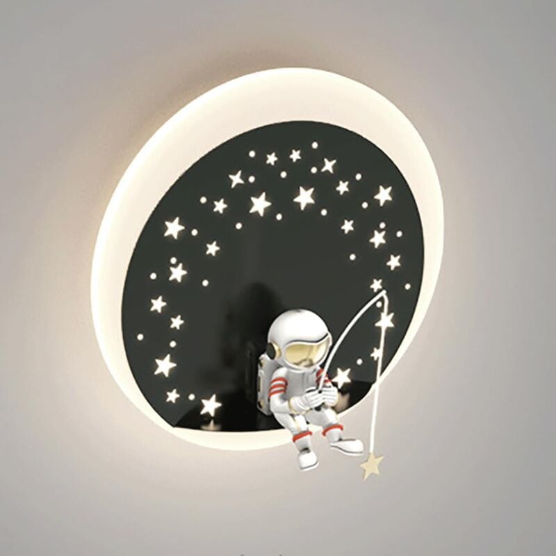 Image of Lampada da parete astronauta per camera da letto dei bambini, lampada da parete in metallo nero con paralume in acrilico bianco, applique moderne a