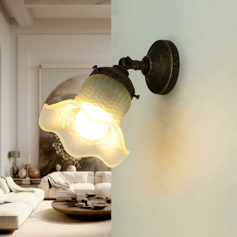 Image of Lampada da parete con paralume in vetro Design floreale in vero ottone - Bronzo antico opaco
