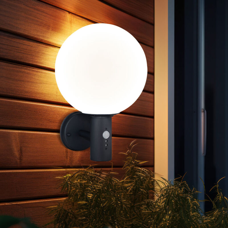 Image of Lampada da parete con rilevatore di movimento luce esterna lampada a sfera antracite sensore LED applique da parete per casa, vetro in acciaio