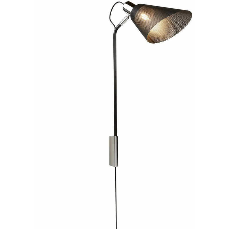 Image of Lampada da parete con spina nera Lampada da parete camera da letto Faretto interruttore a levetta Spot mobile in acciaio cromato nero ottico