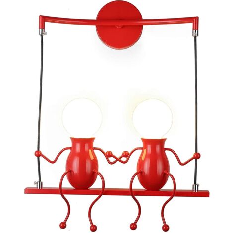 Lampada da Parete Creativa Moderna Doppi Piccoli Gens Regolabili Applique da Parete in Ferro Cartone Animato Bambola 2×E27 Rosso