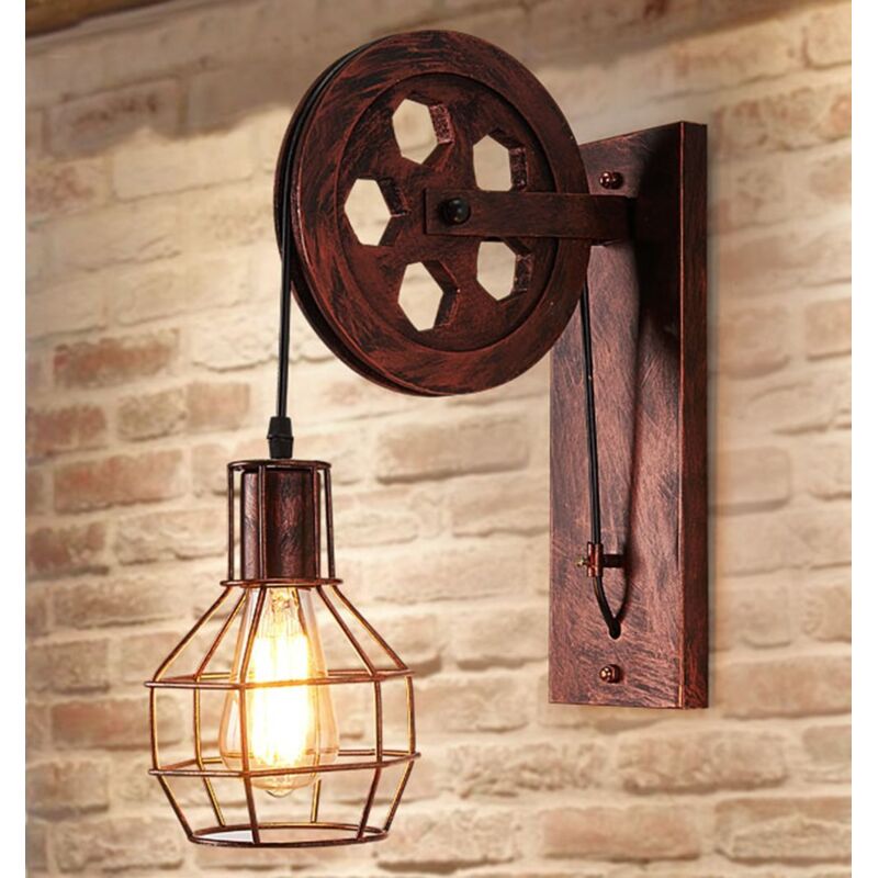 Lampada da Parete Creativa Stile Industriale Loft - Alzata con Carrucola Retro Applique da Parete per Corridoio Scala Soggiorno - Rosso Rugginato