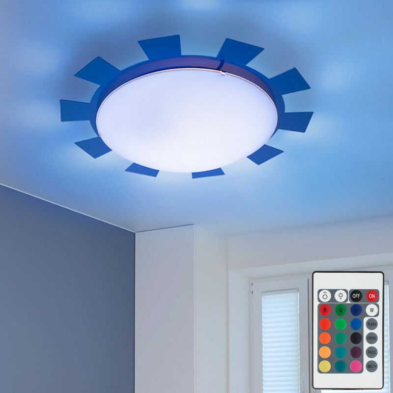 Image of Lampada da parete per cameretta dei bambini, lampada da soffitto in vetro per bambini, luce blu, sole, telecomando dimmerabile, 1x led rgb 4,8W 470Lm