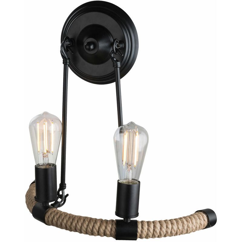 Image of Lampada da parete design nero soggiorno illuminazione corda di canapa corridoio luce rustica