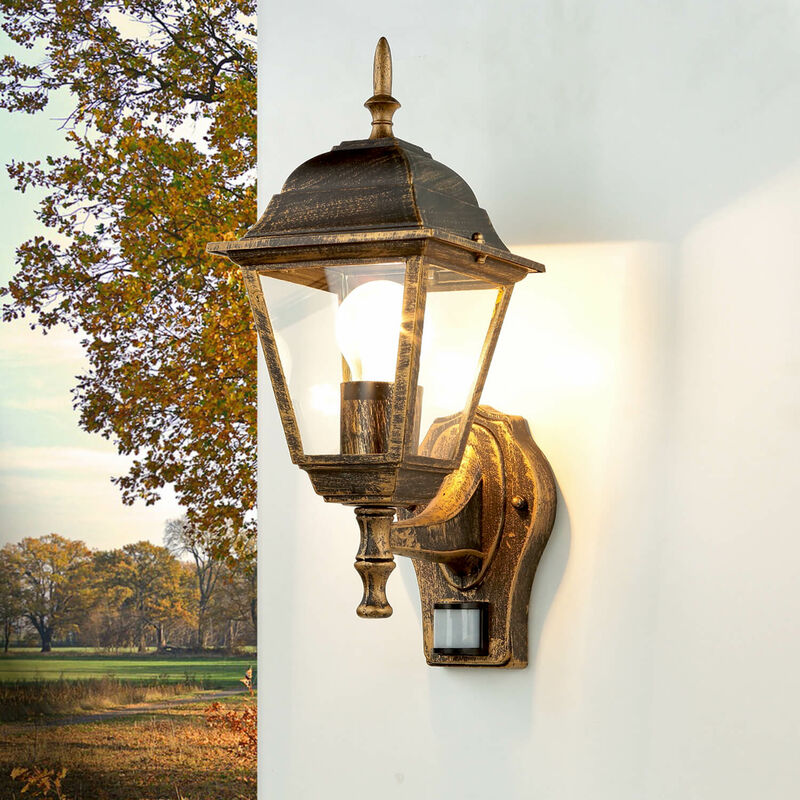 Image of Licht-erlebnisse - Lampada da parete esterna con rilevatore di movimento design a lanterna stile country color rame antico - Rame nero